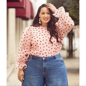 💗 NEW Eloquii Pink & Red Puff Sleeve Bow Tie Back Heart Texture Blouse Size 22